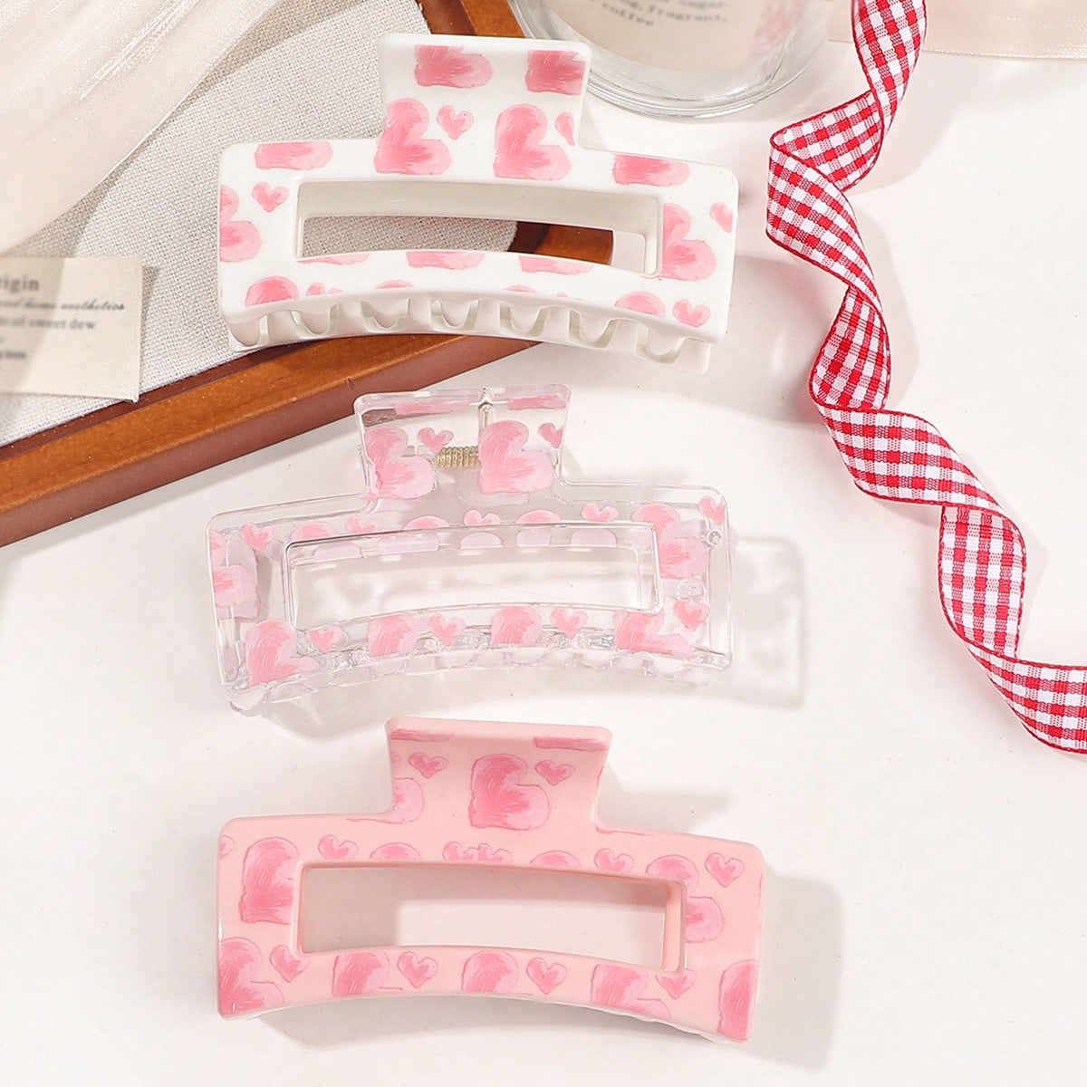 Hair Clip Claw Large - 3Pcs Pink Love Print Hair Claw